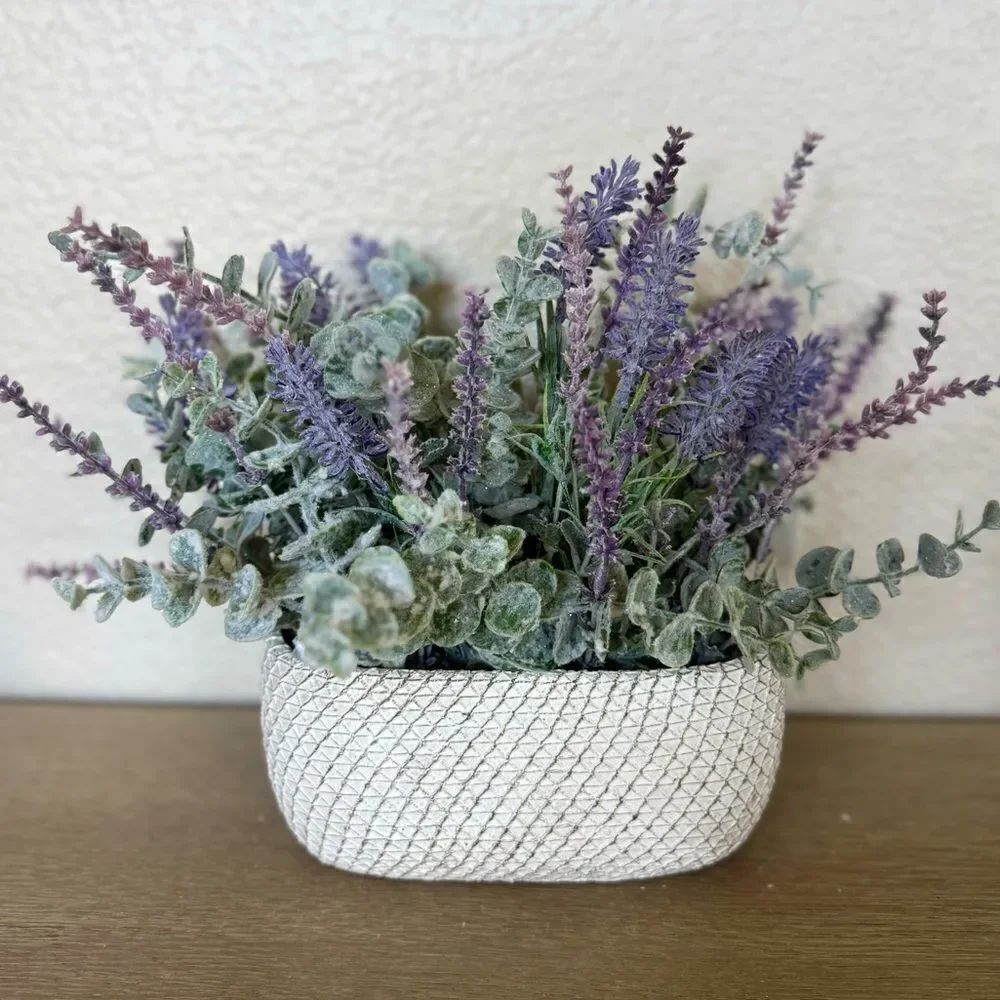 Lavender Eucalyptus Faux Floral Ceramic Oval Planter Pot Decor Arrangement